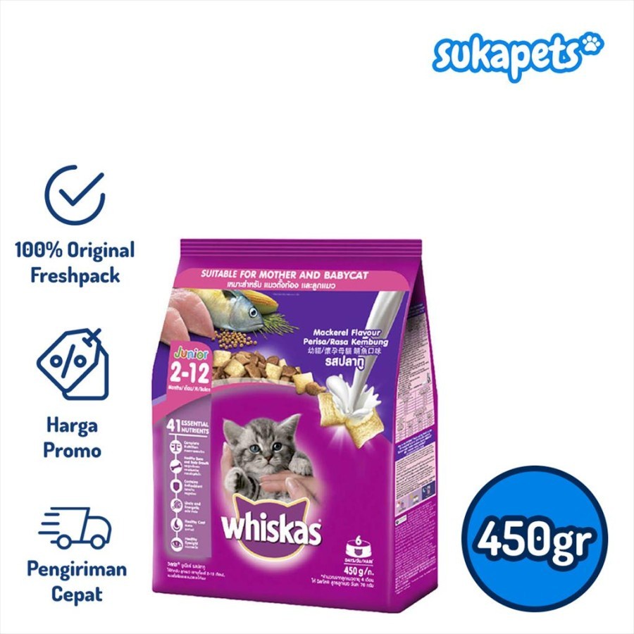 Whiskas Kitten Junior Mackerel Dry Food Makanan Kucing Kering 450gr