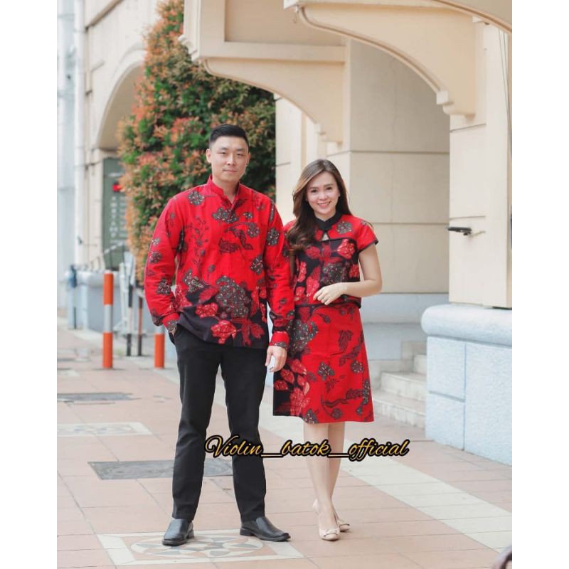 Jual Couple Batik Qipao Cheongsam Red Dress Stelan And Kemeja Shopee Indonesia 
