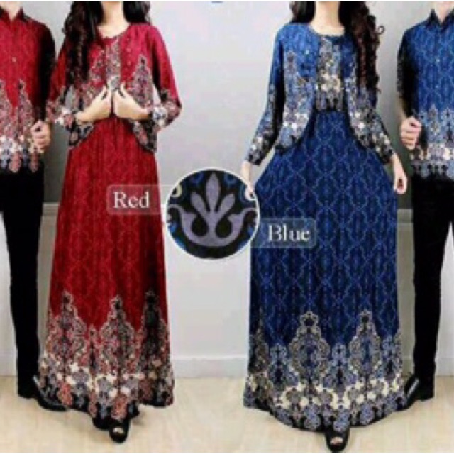 Baju Couple Ainun Set 3in1 ( Sepasang Dress Wanita + Cardigan + Kemeja Pria ) Setelan Batik Sarimbit