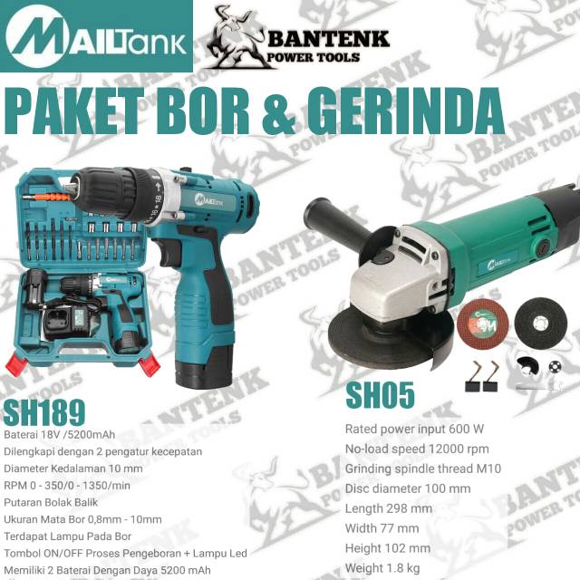 PAKET BOR CORDLESS 18 V MAILTANK DAN GERINDA TANGAN MAILTANK SH-05 BOR DAN GERINDA