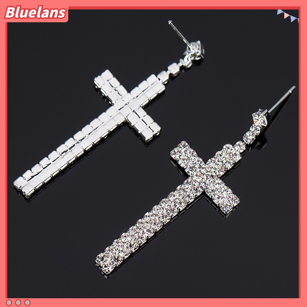 Bluelans Women Rhinestone Cross Pendant Single Double Rows Dangle Eardrop Stud Earrings