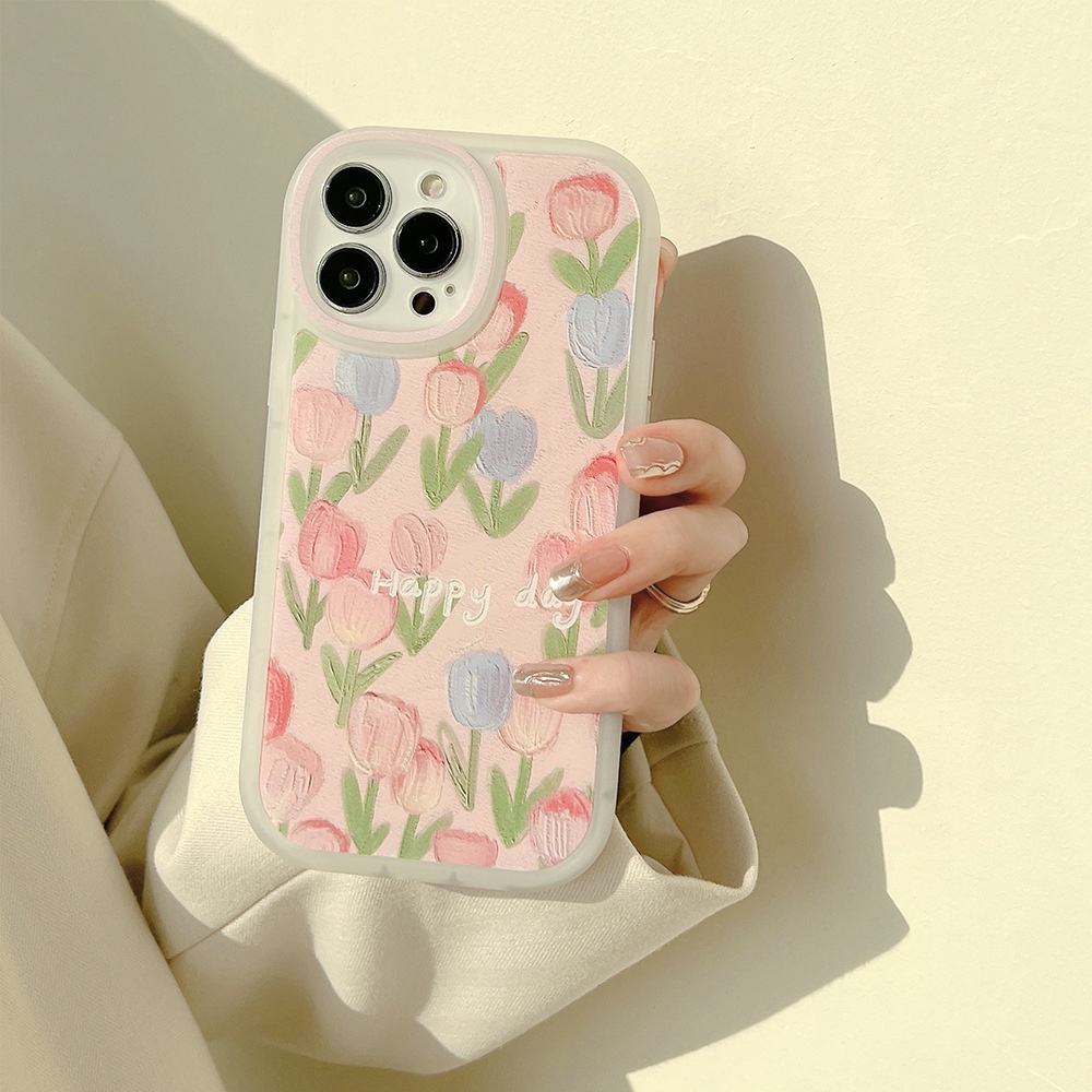IPHONE Peri Pink Tulip Lukisan Minyak Matte Perlindungan Penuh Casing Ponsel Cover Untuk Iphone7 8 PLUS X XR XS 11 12 13 14 MINI PRO MAX SE 2020