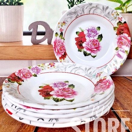 PROMO 6.PCS PIRING MAKAN CEKUNG MOTIF ROSE BAHAN MELAMINE WARE TEBAL DAN KUAT