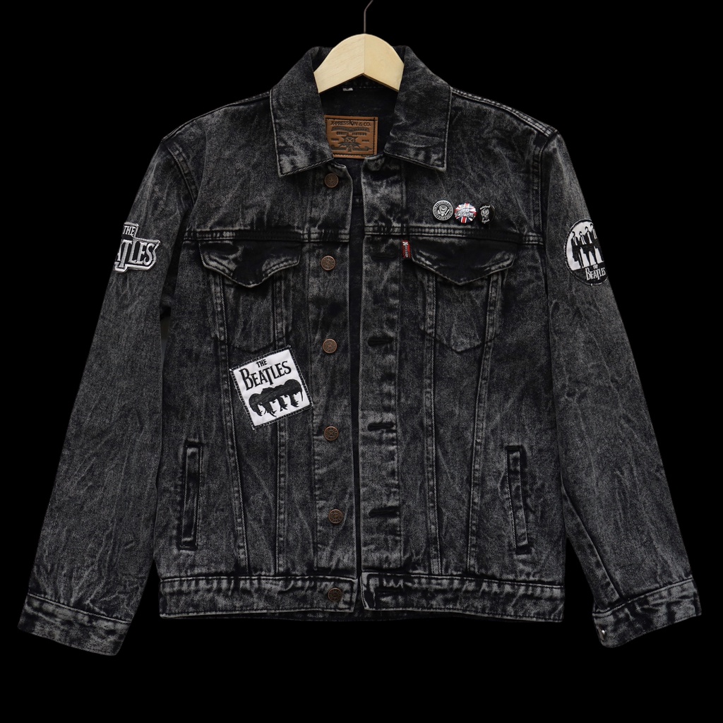 Jaket Jeans Denim Pria Bordir PIN Emblem Sandwash Hitam - THE BEATLES