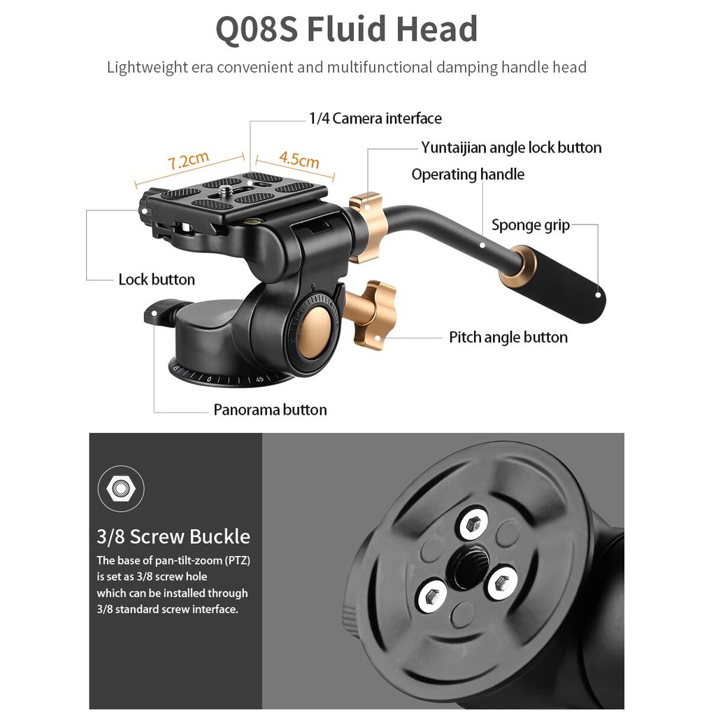 BallHead 3 way Fluid Video Tripod PAN TILT Rocker Arm Handle BEIKE QZSD Q08S DSLR Camera