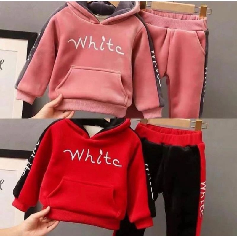 setelan hoodie whitc bahan atasan dan bawahan flece