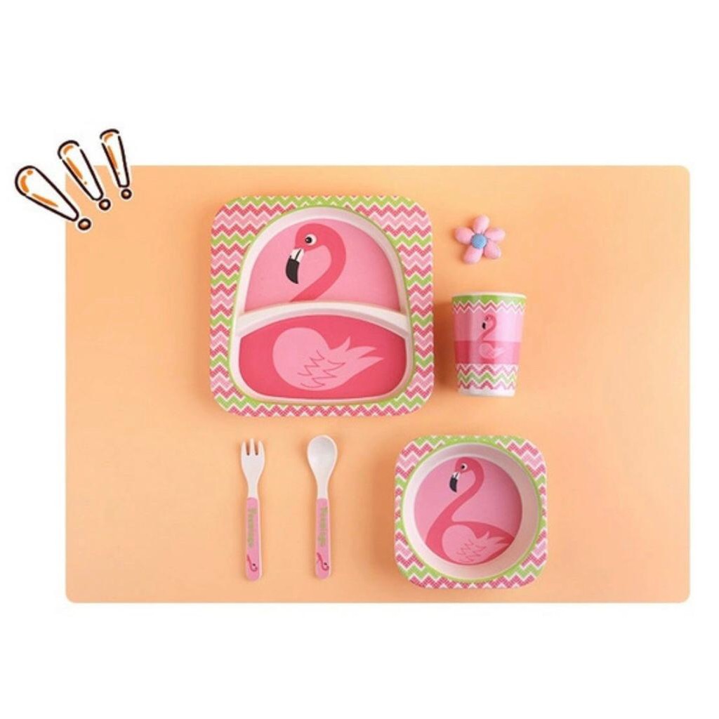 Mangkok Bayi Piring Makan Set Perlengkapan Bayi Bamboo 5in1 Flamingo