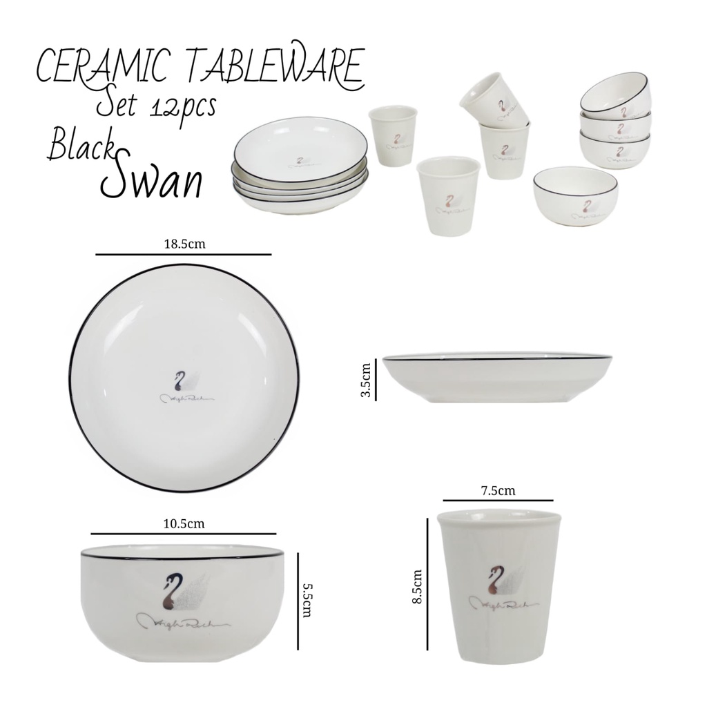Ceramic Tableware 12pcs Dining Set Piring Mangkok Gelas