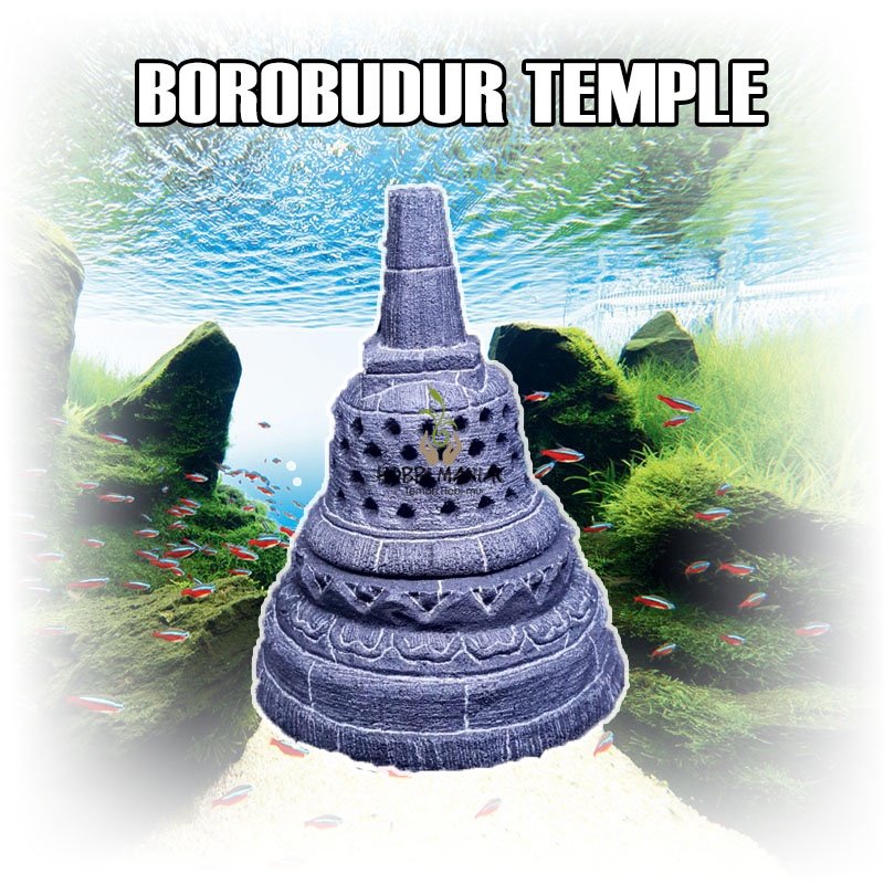 Dekorasi Aquarium Patung Batu Candi Borobudur Aquascape