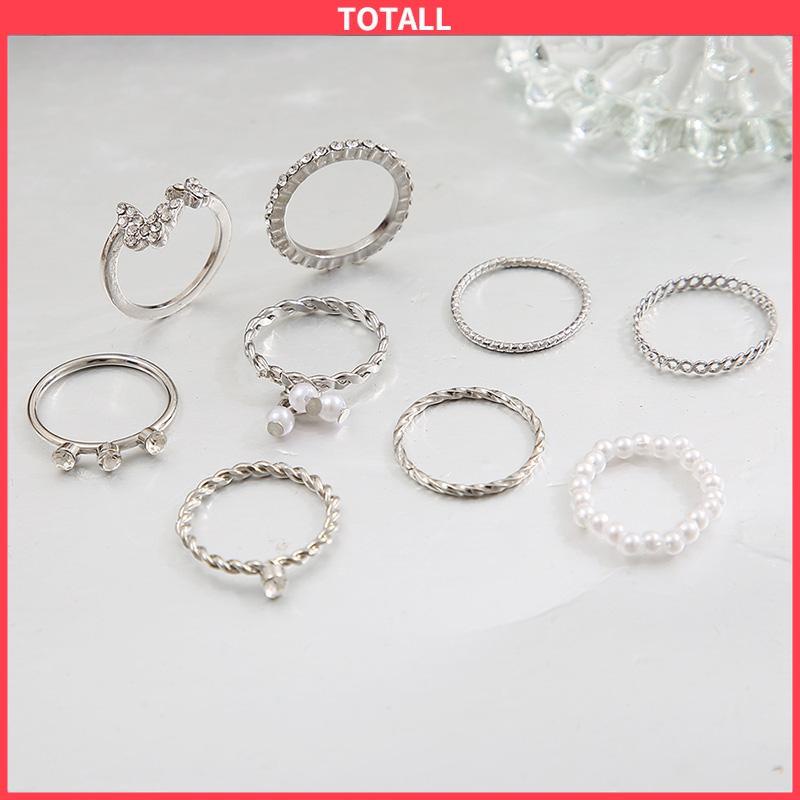 COD 9 PCS Wanita Tipis Berongga Mutiara Kristal Kupu-kupu Berlian Premium Knuckle Ring Set-Totall