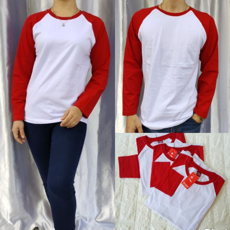 kaos polos reglan PUTIH-MERAH panjang dewasa uk M L XL XXL