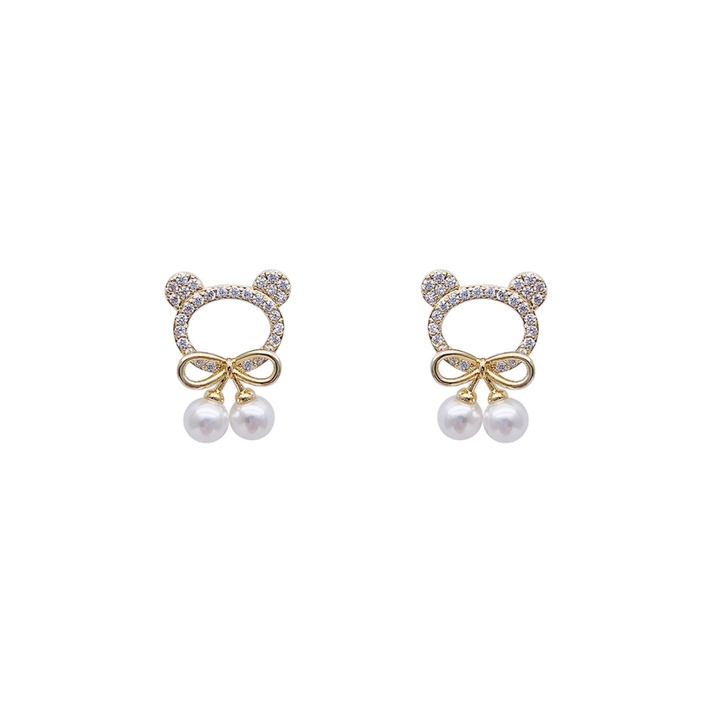 Anting Tusuk Motif Beruang Hias Mutiara Imitasi Ala Korea Untuk Wanita