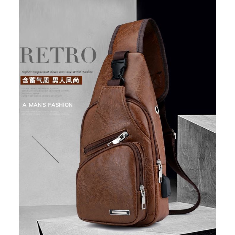 TAS SELEMPANG PRIA KULIT COKLAT RONALDO ASLI IMPORT TA003B7 USB MURAH PROMO HP DADA SLING BAG BATAM