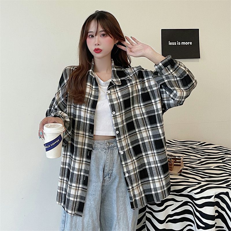 kemeja wanita Korea plaid shirt oversize retro panjang lengan semua pertandingan-559hitam