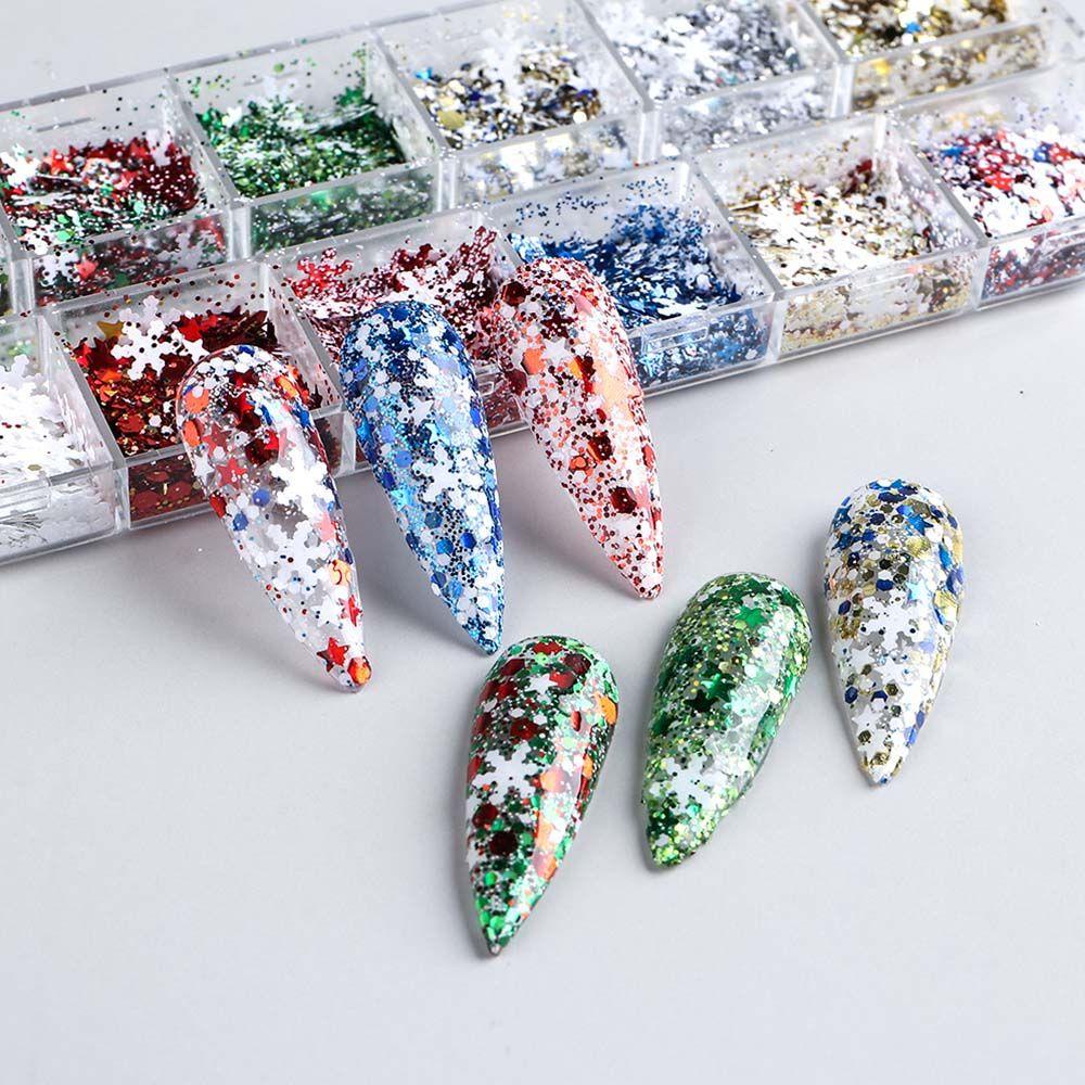 AUGUSTINA Agustina Natal Kuku Payet Fashion Shiny Manicure Bintang Pola Geometris Hiasan Kuku Set Snowflakes Nail Paillettes