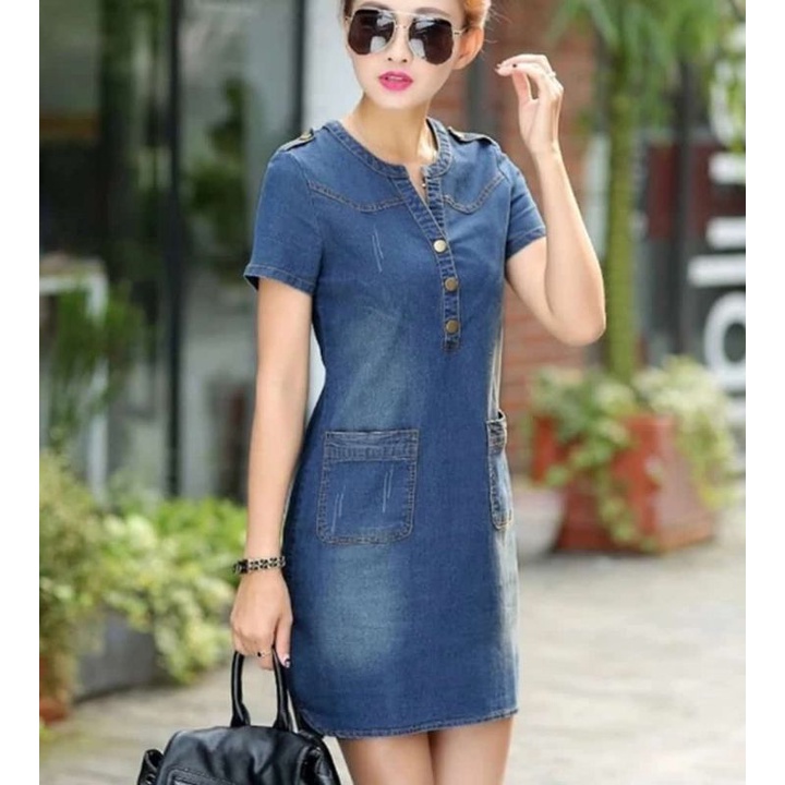 DRESS JEANS WANITA LENGAN PENDEK 824 BAHAN : JEANS(GF)