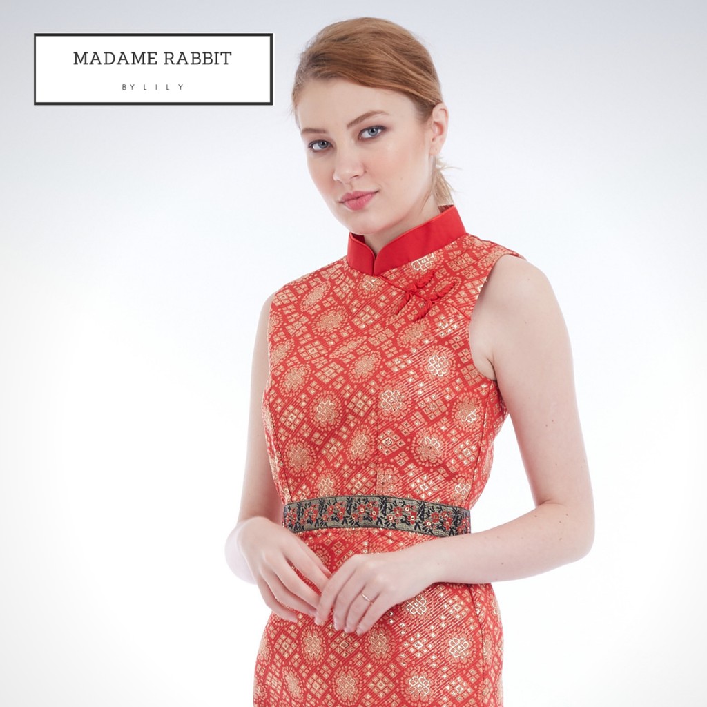 MADAME RABBIT Cheongsam Dress Merah Red Berry Songket Jahit Furing-4