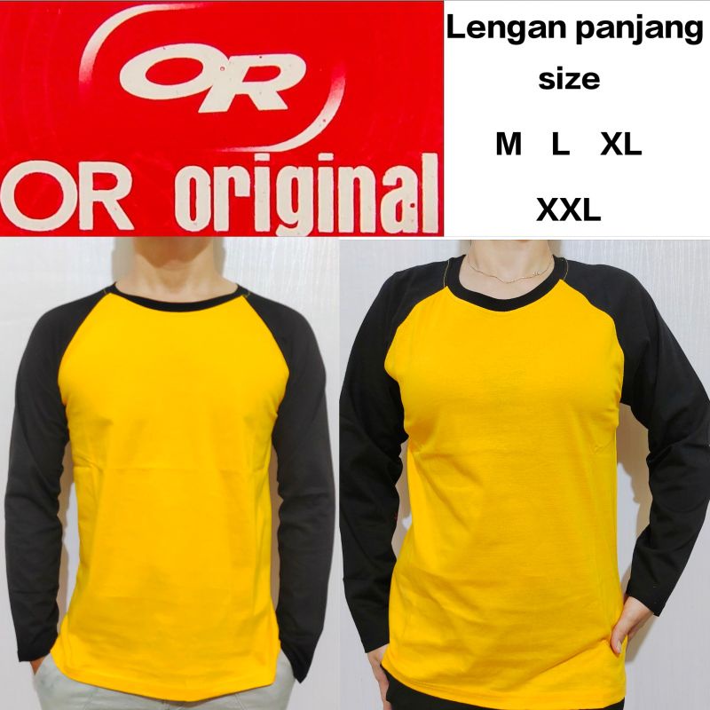 Kaos raglan polos pria wanita couple kuning lengan hitam panjang M L XL XXL