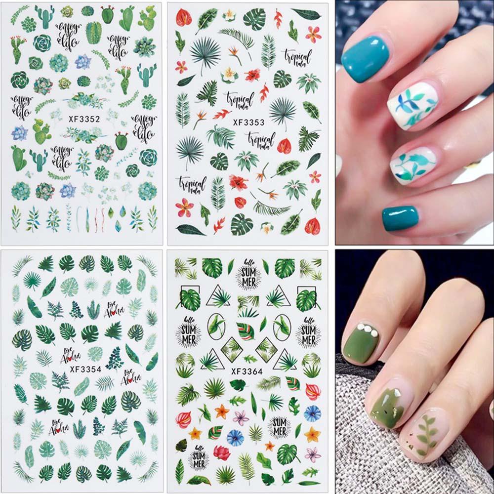 AUGUSTINA Agustin 3D Nail Art Stiker Musim Semi Dan Musim Panas Seri Kaktus Perekat Diri Stiker Bunga Tanaman DIY Desain Nail Art