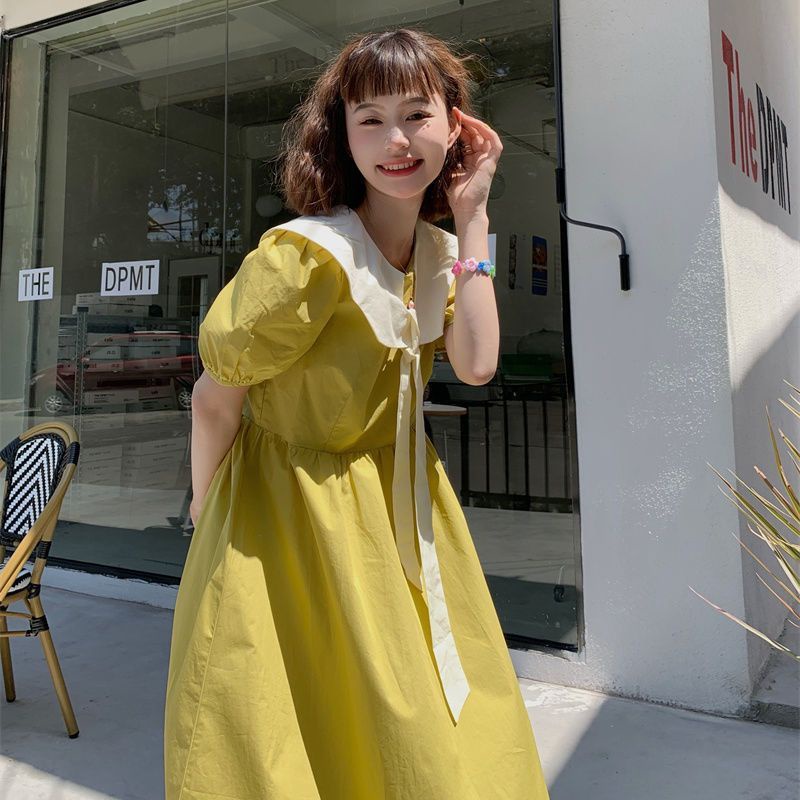 [MikanHiro Store] Korean style chic doll collar dress women's summer French Hepburn hit color matching received waist slim puff sleeves long dress