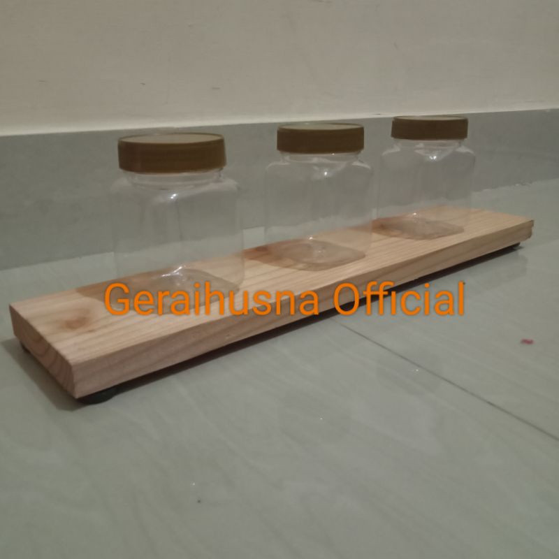 kayu tatakan gelas toples bumbu dapur meja