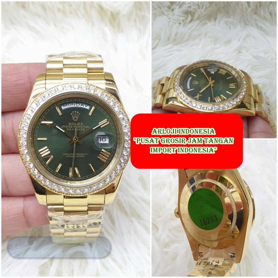 New Jam Tangan Pria ROLEX DayDate President Gold Green Garansi 1th