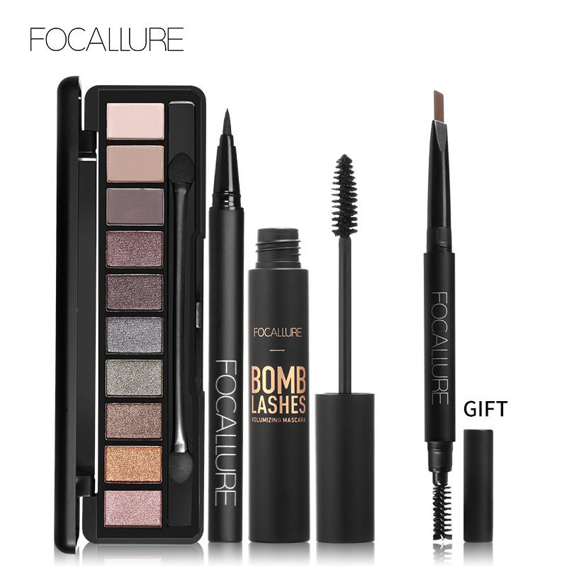 FOCELLUARE 4-PCS Makeup Set Eyeshadow palette/eyeliner/mascara/eyebrow pen