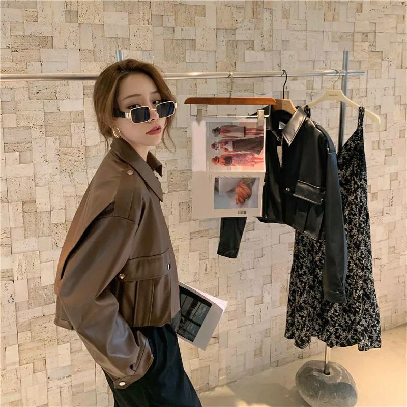 Mantel Kulit Antik Wanita 2020 Baru Longgar Hitam Pu Jaket Wanita Single Breasted Punk Pendek Faux Kulit Mantel Mujer