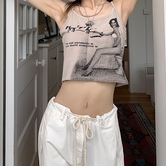 Red Amerika retro manis dan keren gaya gadis panas pixel Amerika Latin cetak potret surat kamisol pendek top musim panas wanita