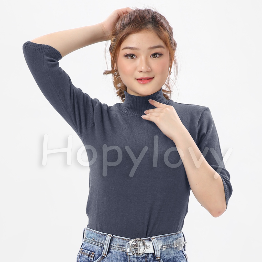 HOPYLOVY Blouse Rajut Turtleneck Wanita Lengan 3 per 4 Rafika-ABU TUA