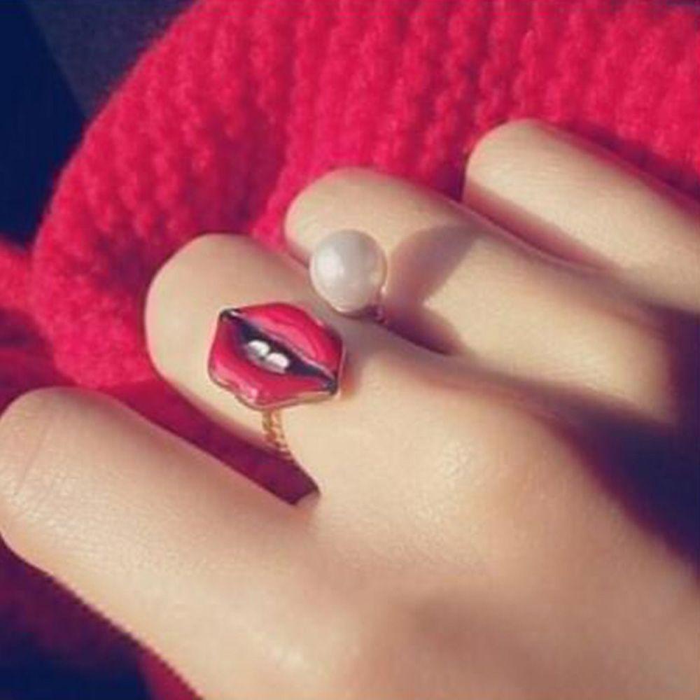 Mxbeauty Cincin Knuckle Adjustable Desain Gigi Bibir Merah Hias Mutiara Untuk Wanita