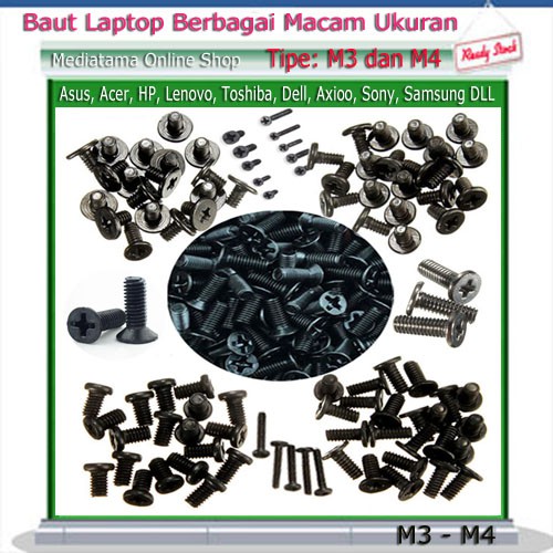 Baut/Sekrup Laptop Notebook Netbook Tipe M3 &amp; M4 Flat-Head Type Berbagai Ukuran