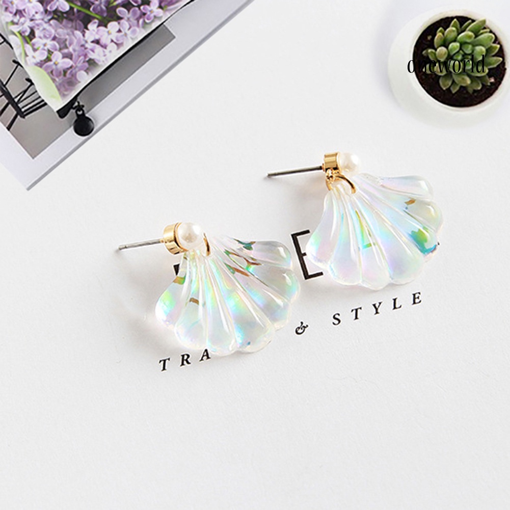 OW@ Colorful Resin Mermaid Rainbow Imitation Pearl Shell Women Stud Earrings Gift