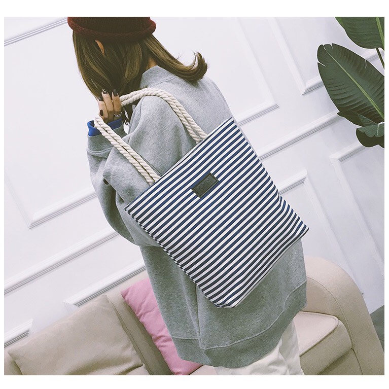 Totebag import salur stripe tas korea jinjing bahu kanvas tote bag