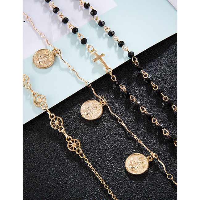 LRC Gelang Kaki Fashion Gold Alloy Cross Round Chain Bracelet 5 Piece Set F94590