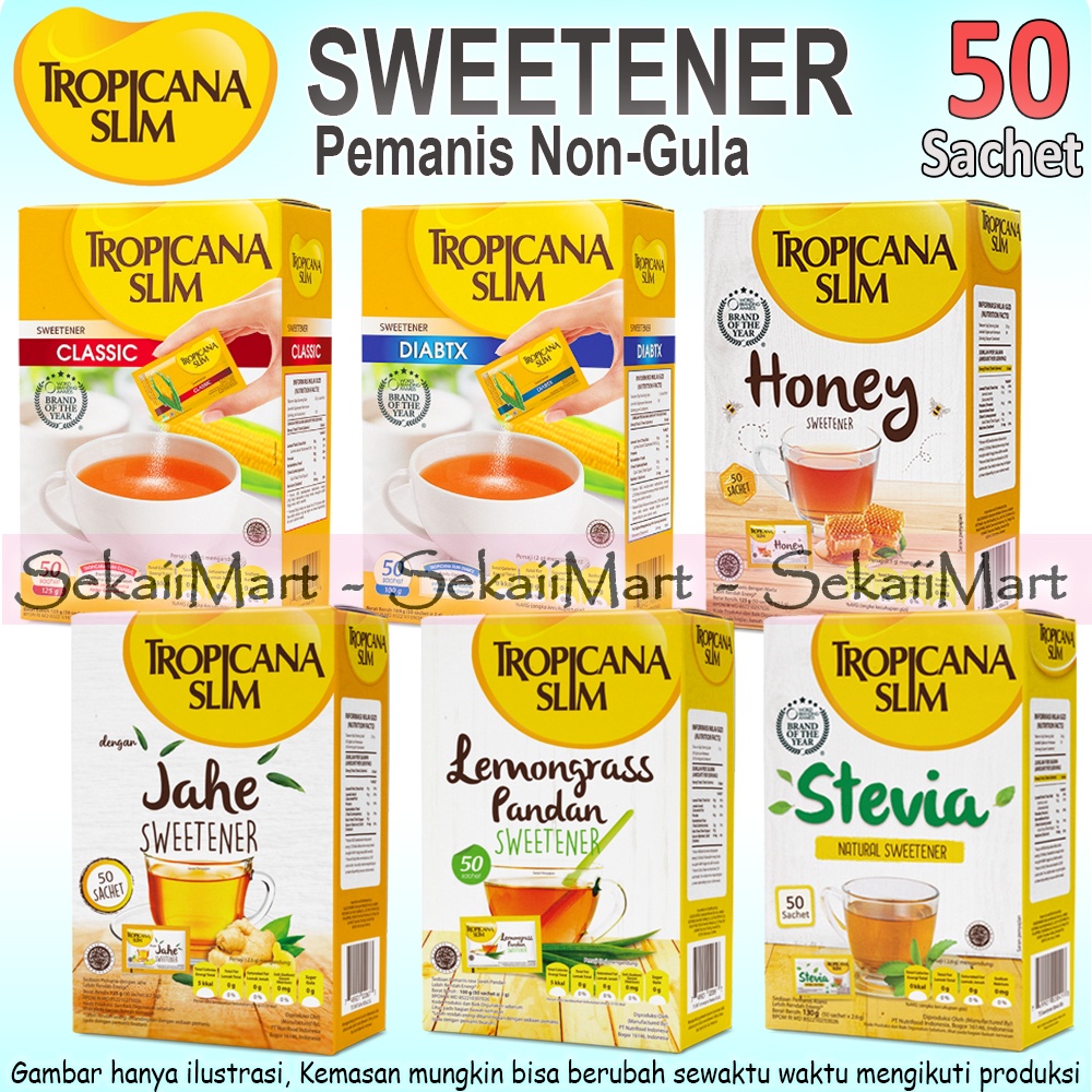 

TROPICANA SLIM Sweetener All Variant - Pemanis Pengganti Gula isi 50 Sachet Semua Jenis - Classic Diabtx Honey Stevia Lemon
