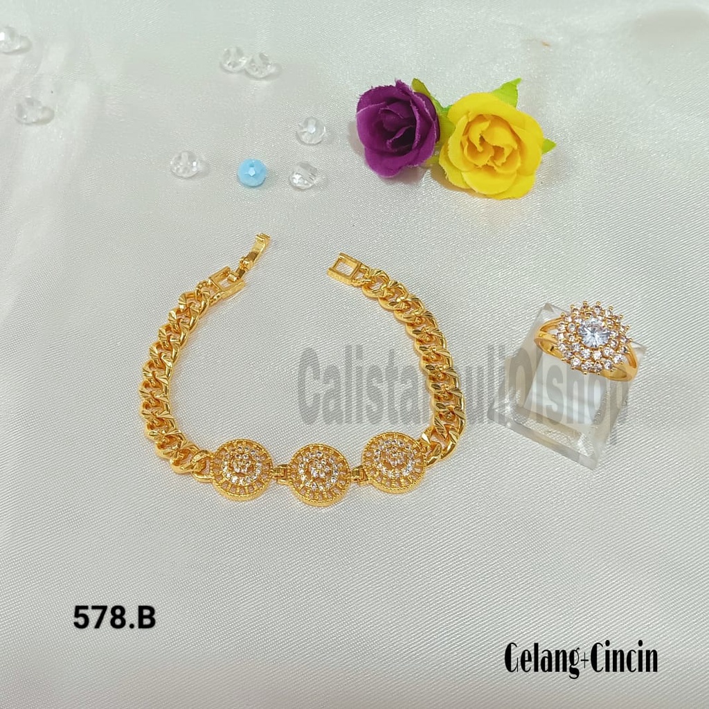GELANG+CINCIN 3 BULAT BUNGA PERMATA SUPEL ELEGAN PERHIASAN EMAS KOREA ANTI KARAT DAN ANTI LUNTUR