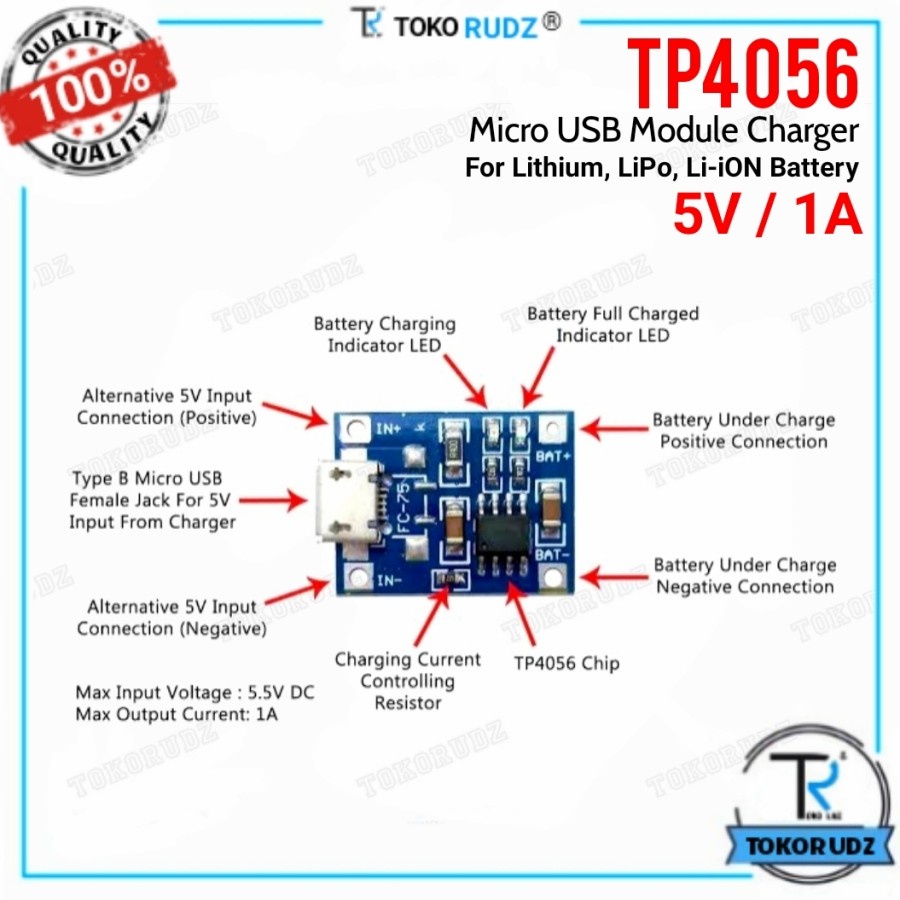 TP4056 Modul Micro USB Charger 5V 1A Batre Lithium Baterai TP4056E