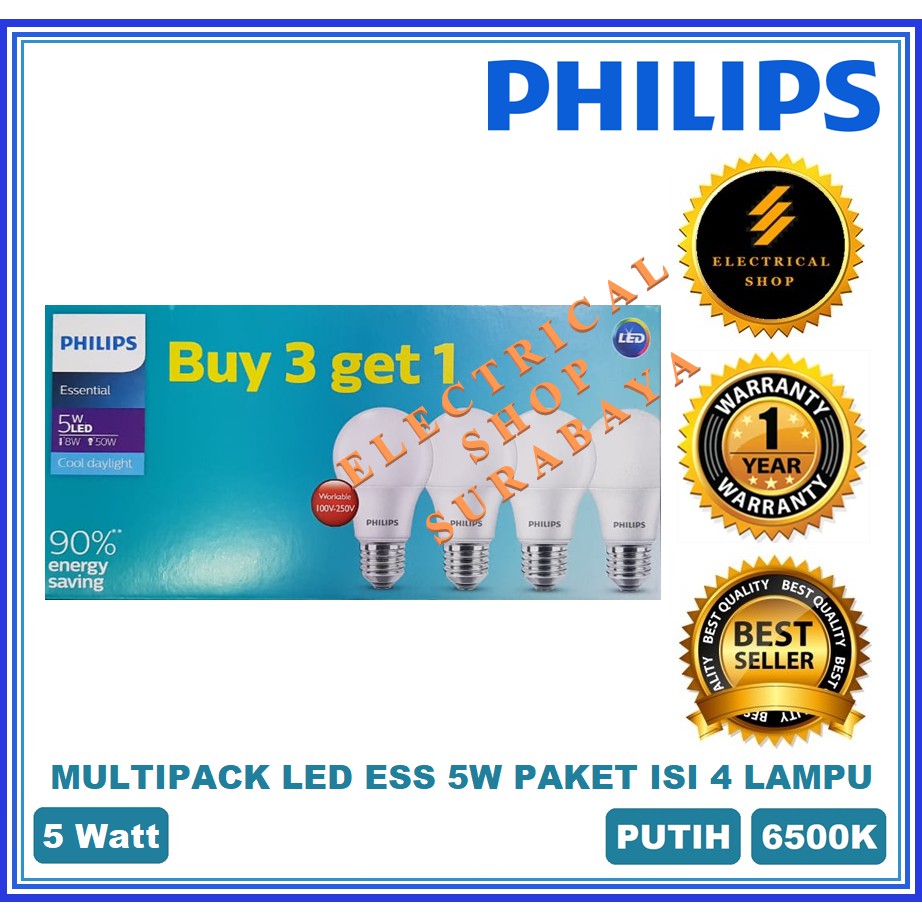 PHILIPS LAMPU LED ESSENTIAL MULTIPACK 5W 5 W WATT PUTIH (GROSIR) ESS BULB BUNDLING PAKET 3 GRATIS 1