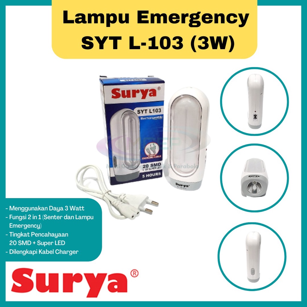 SURYA SYT L103 L 103 Senter 3W + Emergency 20 SMD Ecer Grosir Super Murah