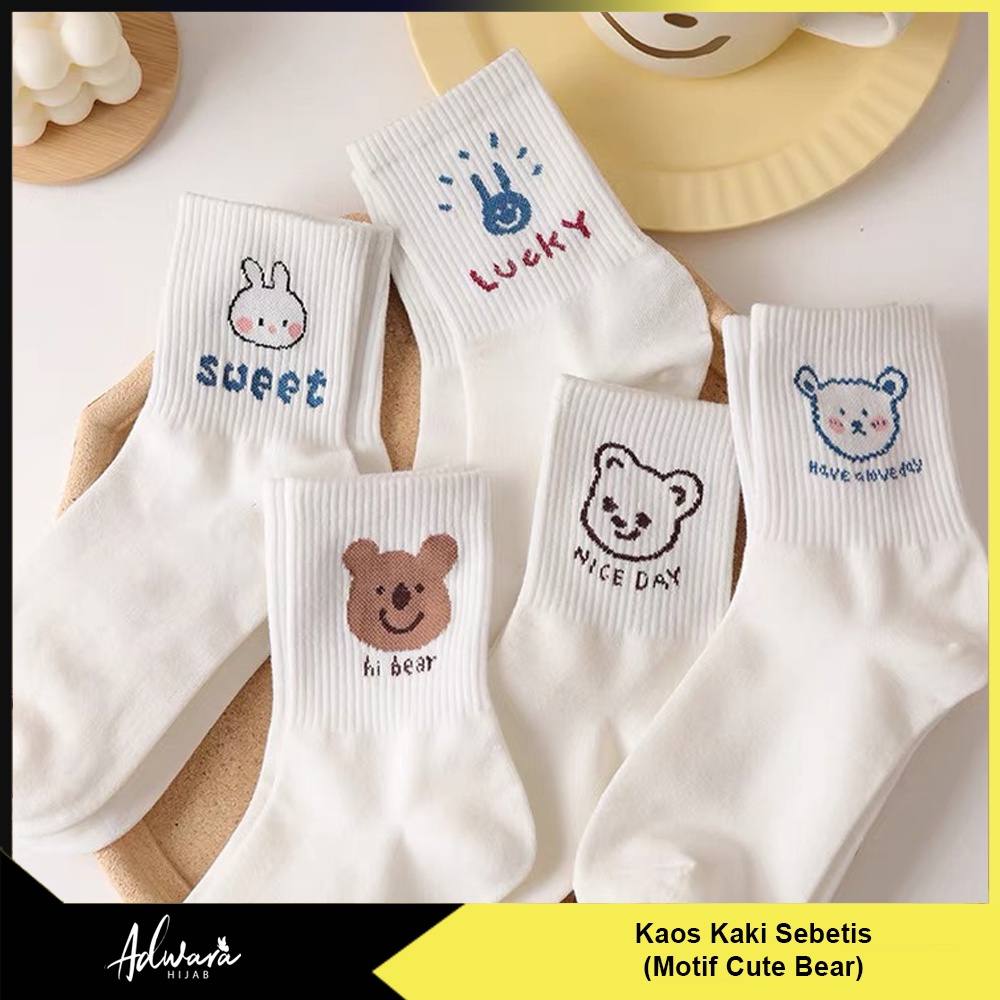 Kaos Kaki Wanita Panjang Sebetis Motif Beruang Warna Putih  / Kaos kaki Putih Motif Cute Bear Japan Style Sock