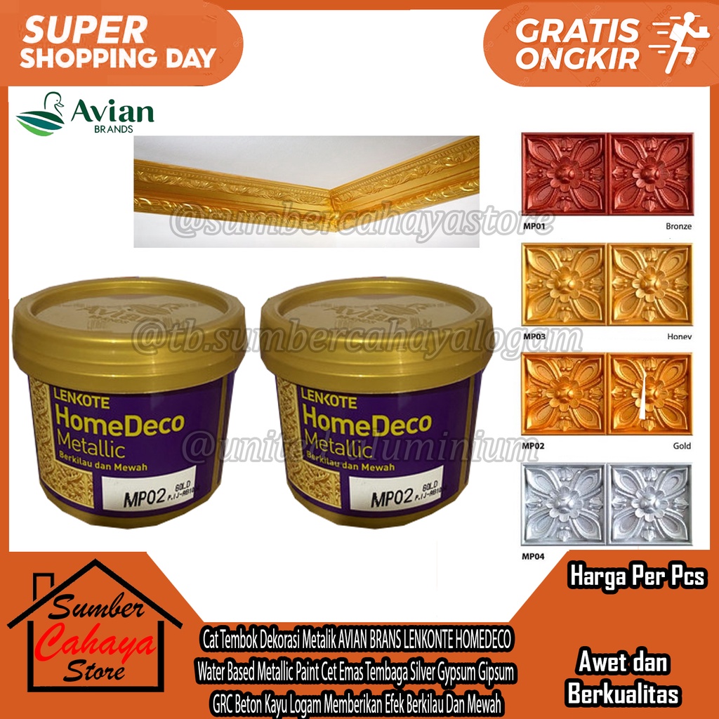 LENKONTE HOMEDECO Metallic Paint Cat Water Based Tembok Dekorasi Metalik Cet Emas Tembaga Silver 0,2