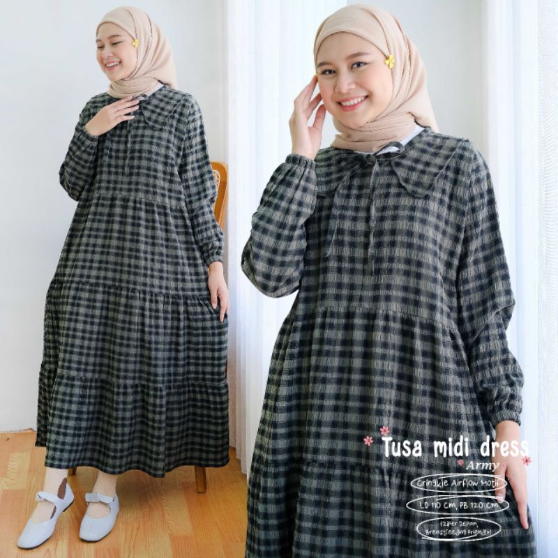 TUSA MIDI DRESS / DRESS MOTIF GRID PREMIUM CRINKLE AIRFLOW