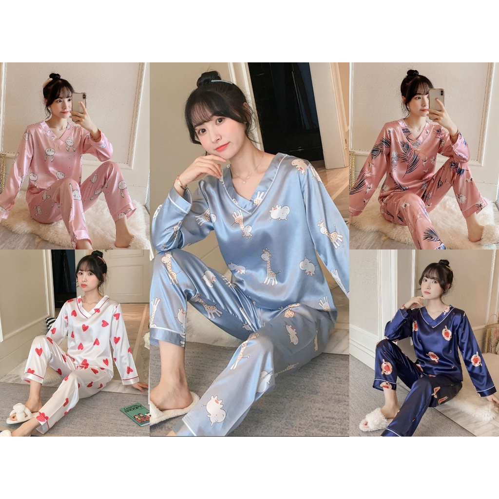 Lovera Set Baju Tidur Bahan Satin PP Lengan Panjang Celana Panjang Import