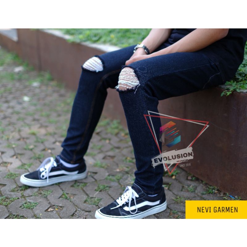 [COD] Celana jeans sobek lutut pria ripped jeans softjeans hitam murah melar