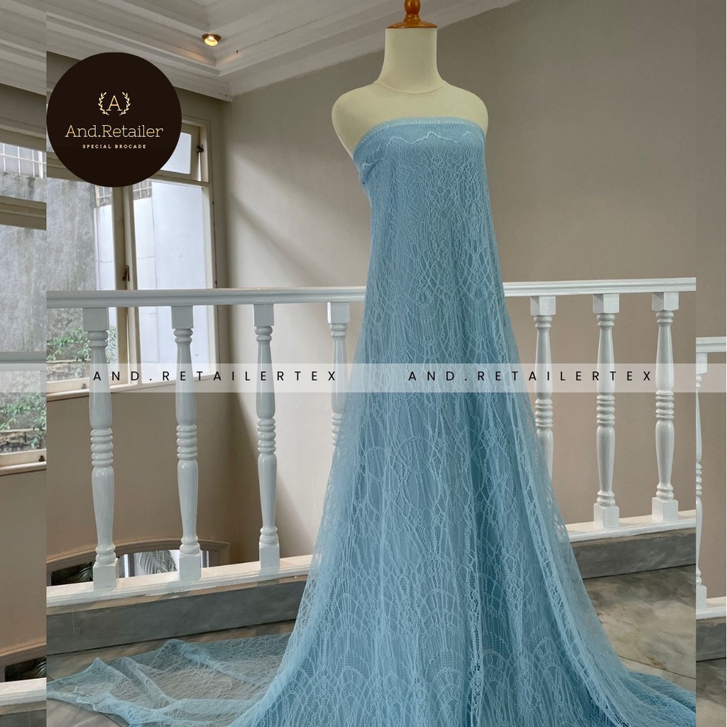 Bahan Kebaya Semi France Panel per 2,5m Lace Chantily Shantily Motif New Series Warna Ice Blue Baby Blue