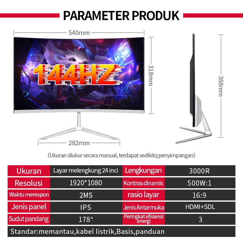 LIVING Monitor gaming melengkung 24 inci Monitor ultra-tipis Full HD-144HZ-Curved screen