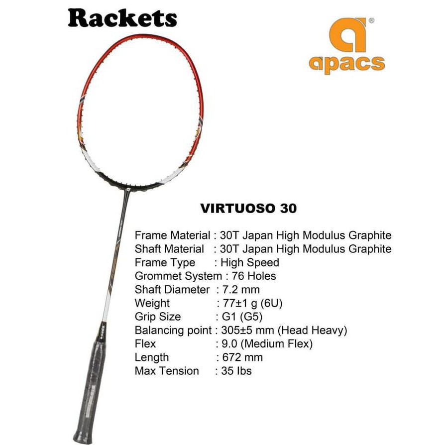 RAKET BADMINTON APACS VIRTUOSO 30 NEW ARRIVAL TERBARU 35 LBS ORIGINAL