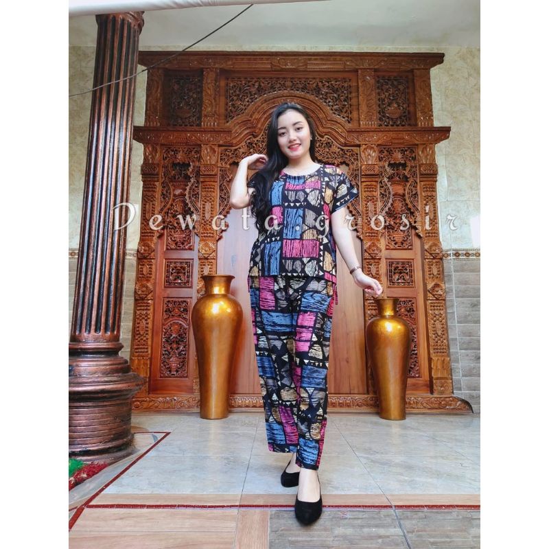 BAJU WANITA PIYAMA BAJU TIDUR SETELAN ONE SET BABYDOLL RAYON SUPER KOPI BALI ROBUSTA TERLARIS-Puzzle PinkGrey