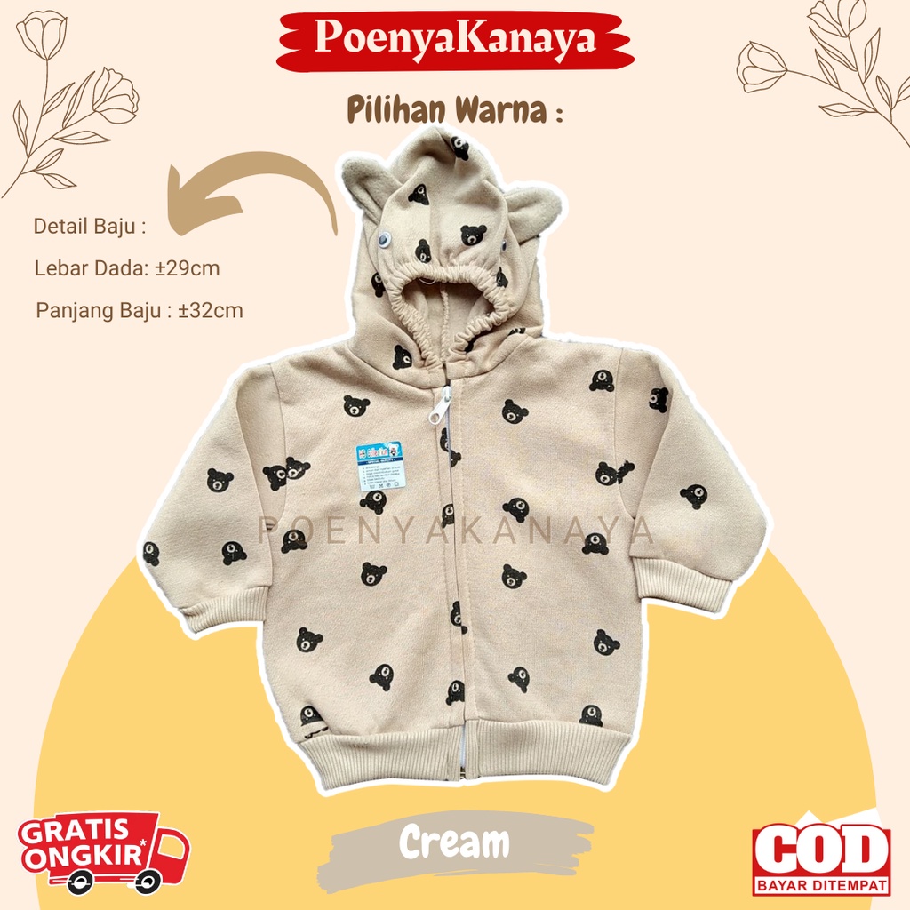 Jaket Bayi Anak fleece Resleting Kupluk Kepala Panda HBc Size 6-18 Bulan JK02